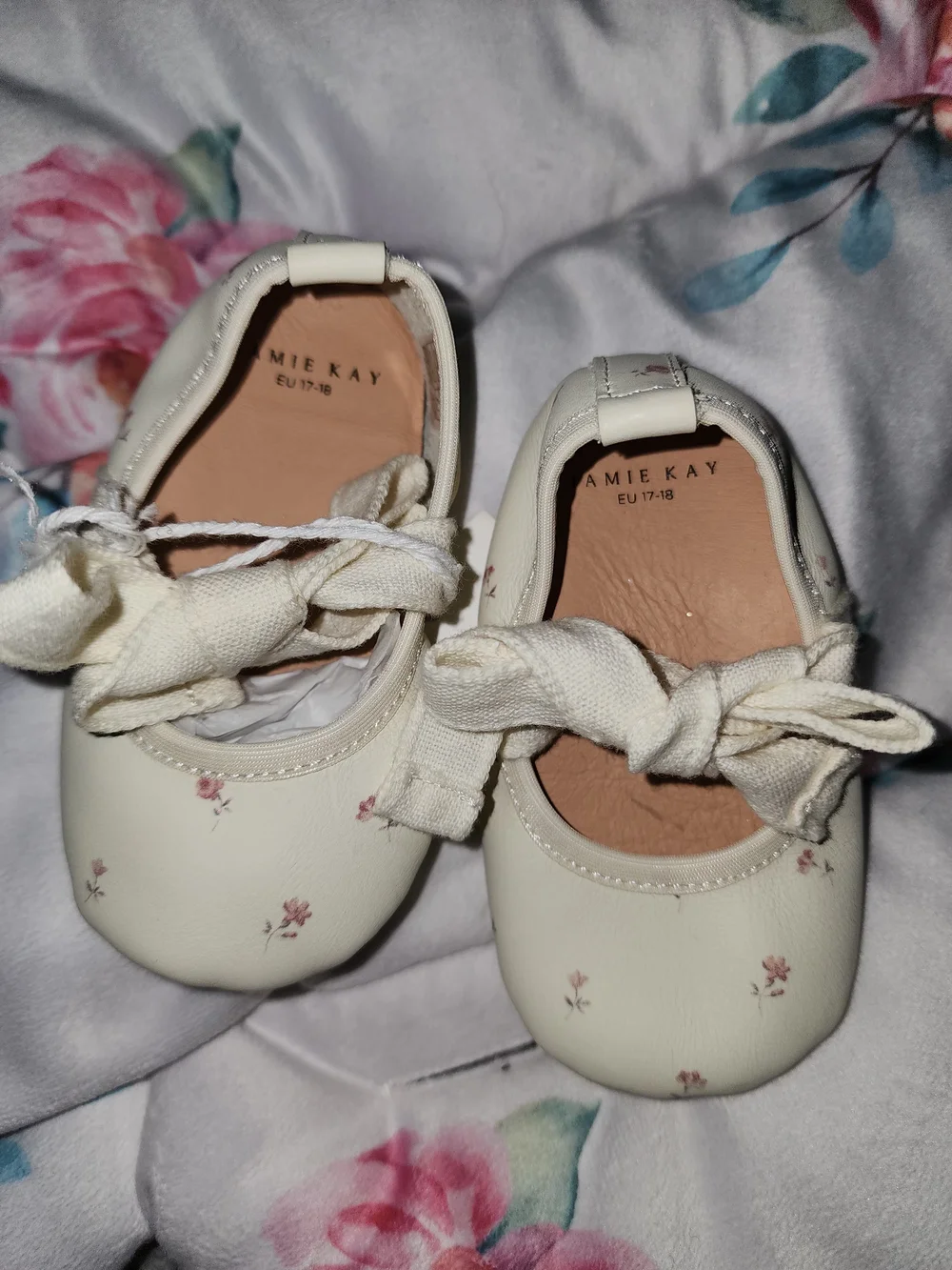 Jamie Kay Cream Baby Mary Jane Shoes with Pink Floral